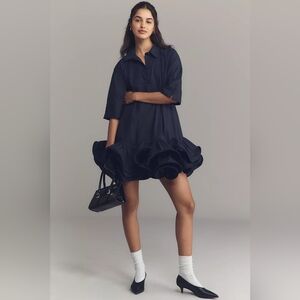 NWT Anthropologie Maeve Short-Sleeve Collared 3D Ruffle Mini Shirt Dress Navy XL